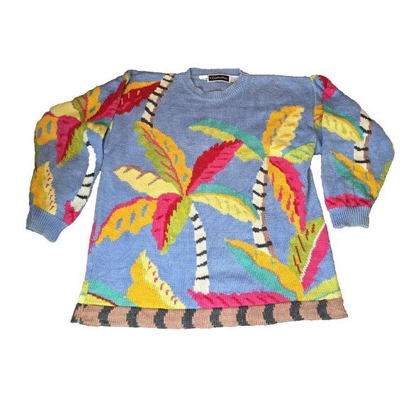 Vintage Christine Foley Art Knit Sweater 80s 90s Palm Tree Oversized Beach - Picture 4 of 10